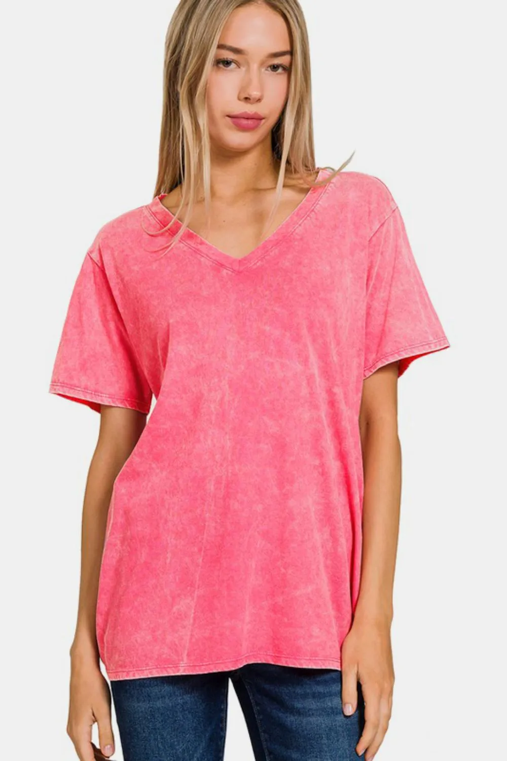 Full Size Washed Short Sleeve V-Neck T-Shirt, image 2