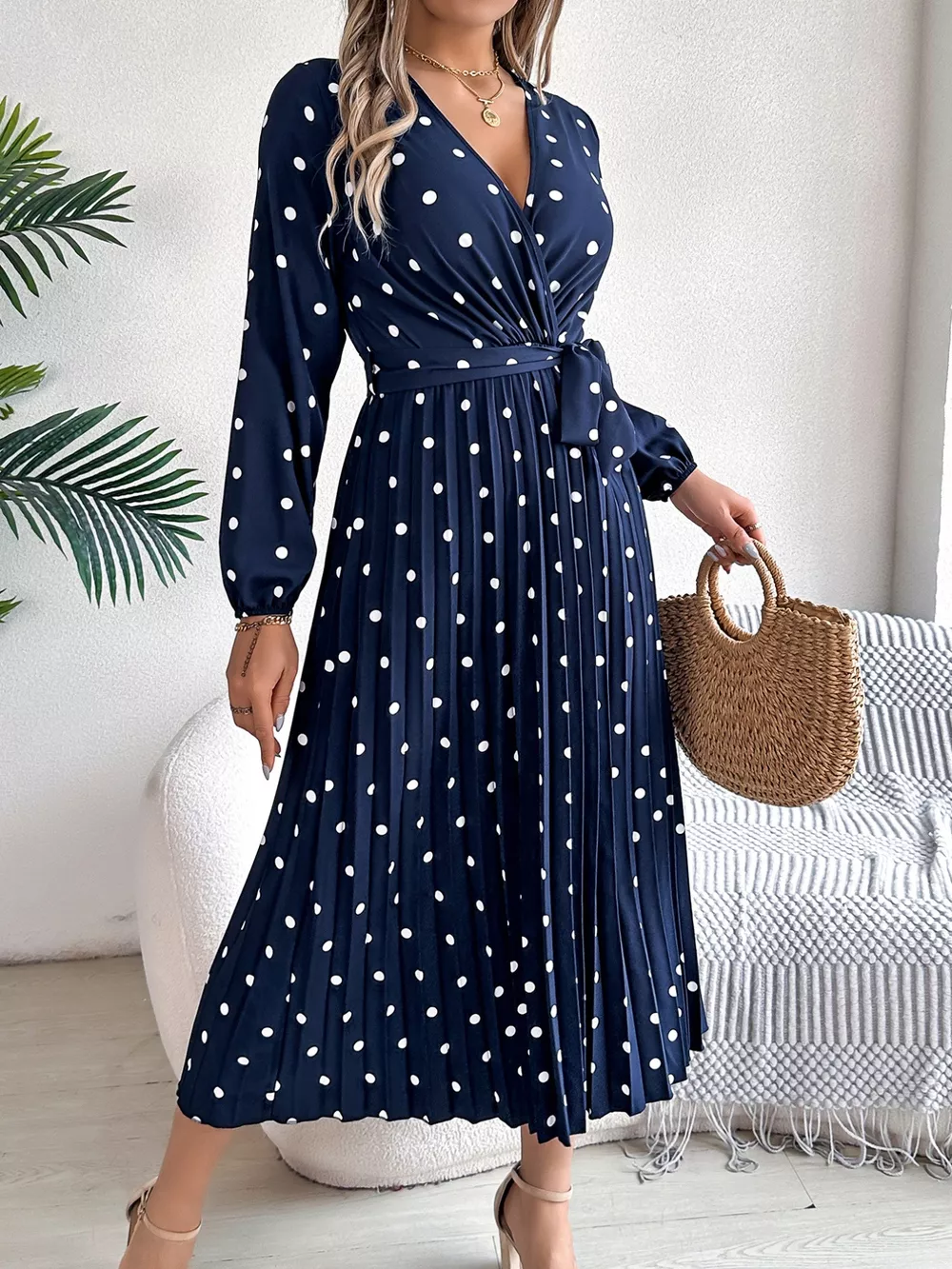 Front Tie Polka Dot Midi Pleated Dress, image 12