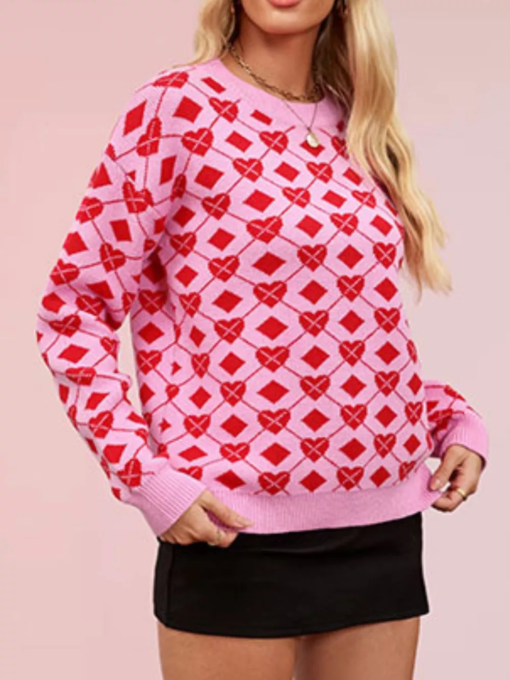 Heart Pattern Argyle Knit Long Sleeve Sweater, image 9