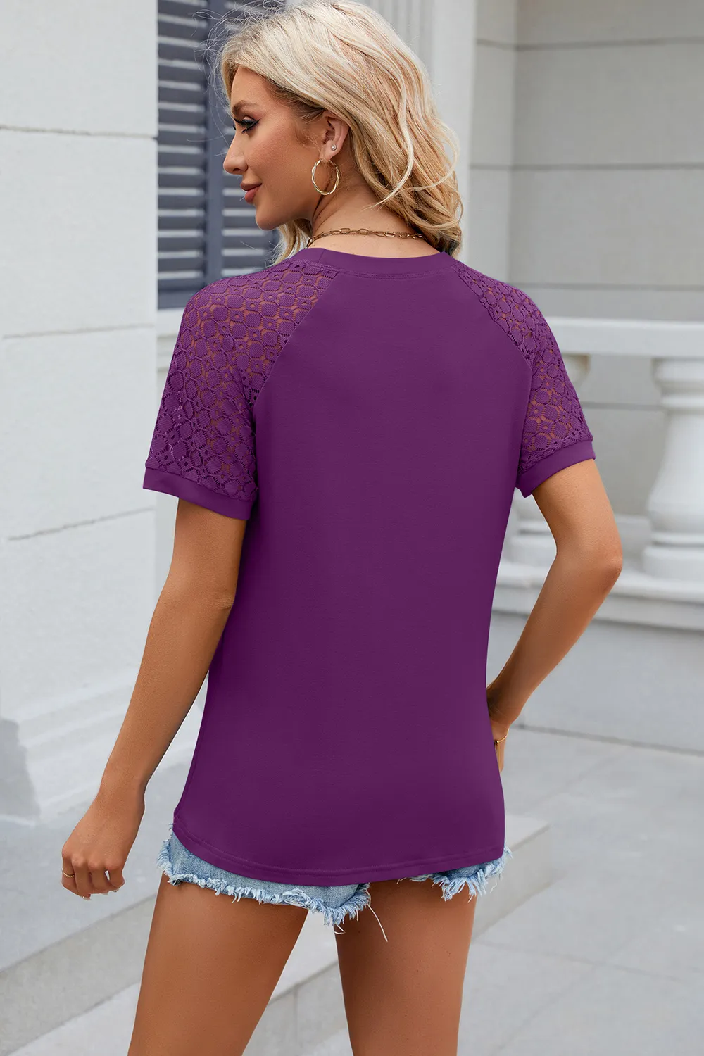 Openwork Round Neck Short Sleeve T-Shirt, image 21