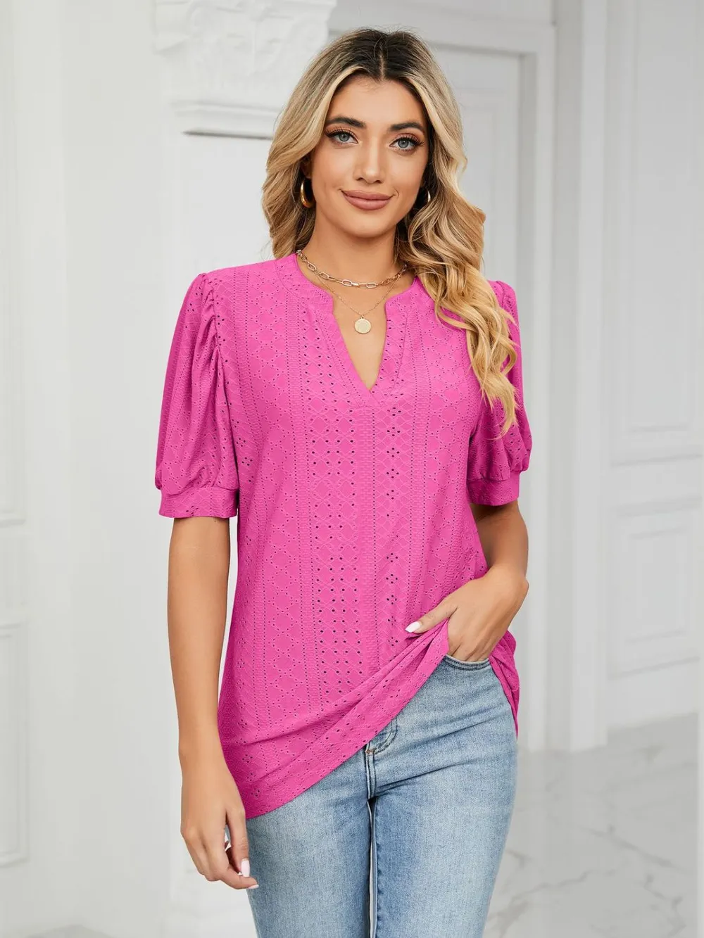 Eyelet Notched Short Sleeve T-Shirt, image 3