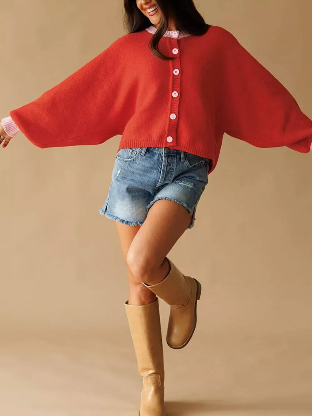 Button-Front Knit Cardigan with Contrast Trim, image 8