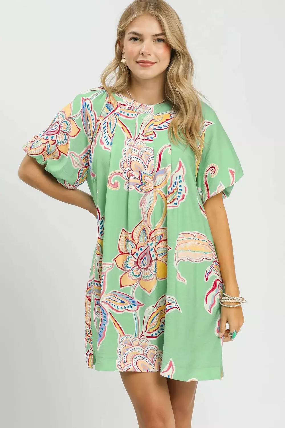 Boho Floral Print Mini Dress with Pockets