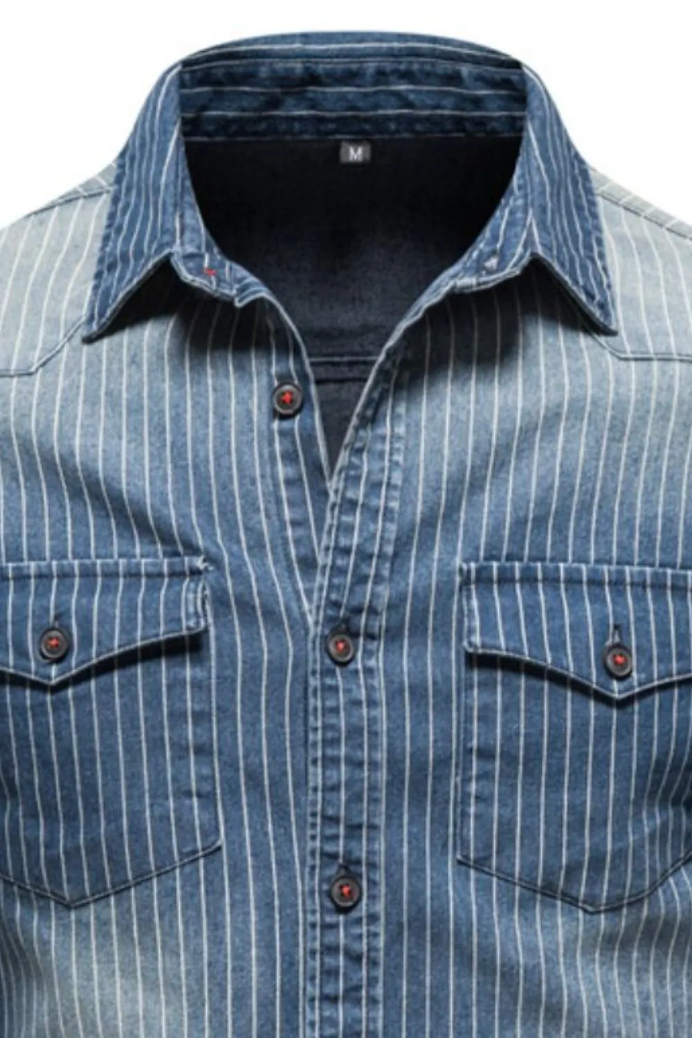 Men's Striped Collared Neck Button Down Denim Shirt, image 5