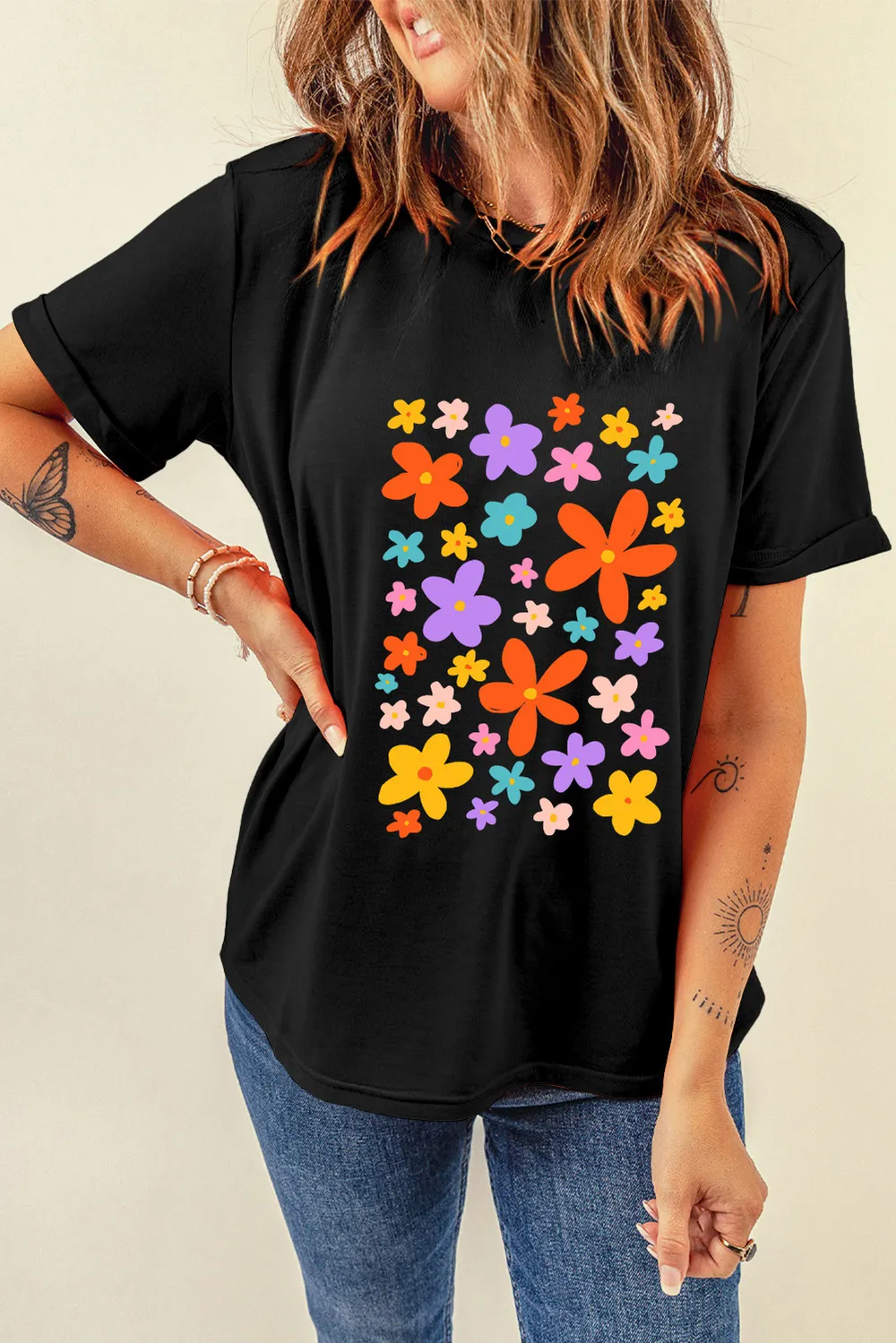 Flower Graphic Round Neck Short Sleeve T-Shirt, image 4