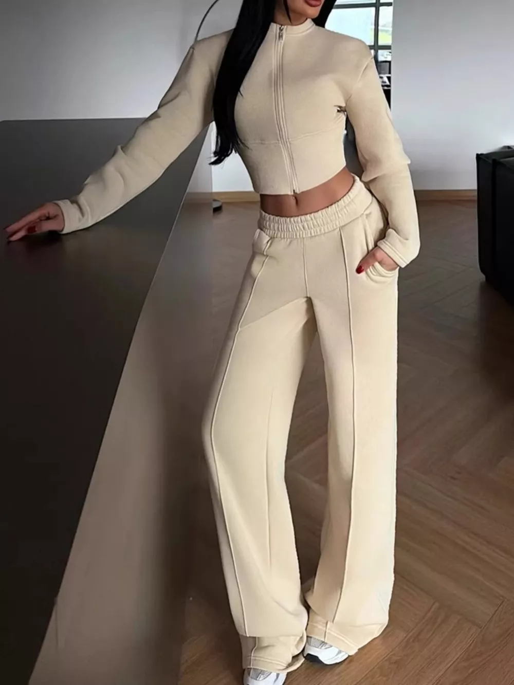 Zip-Up Crop Jacket and Wide-Leg Pants Set, image 2
