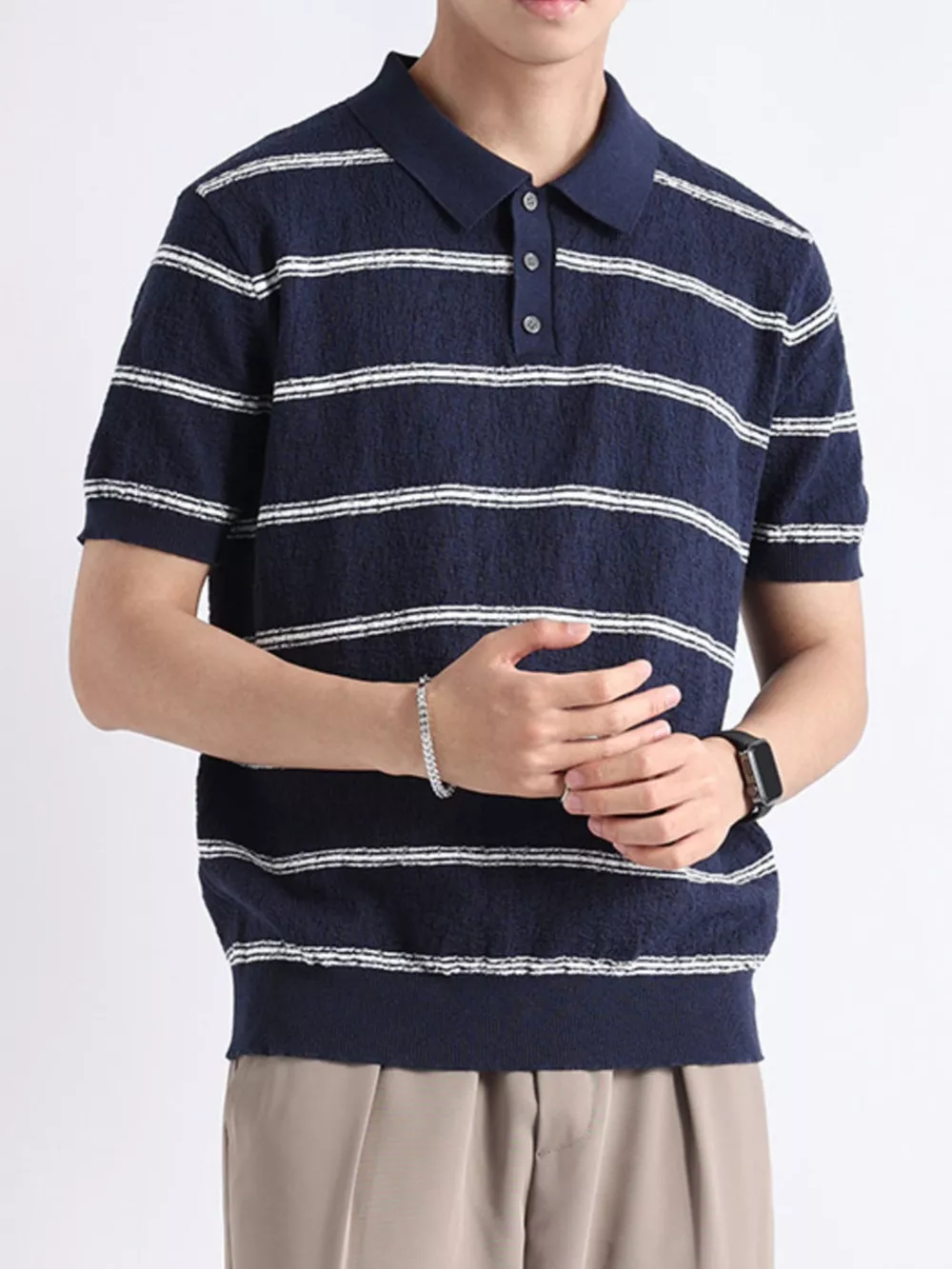 Men's Plus Size Striped Knit Button Detail Polo, image 11