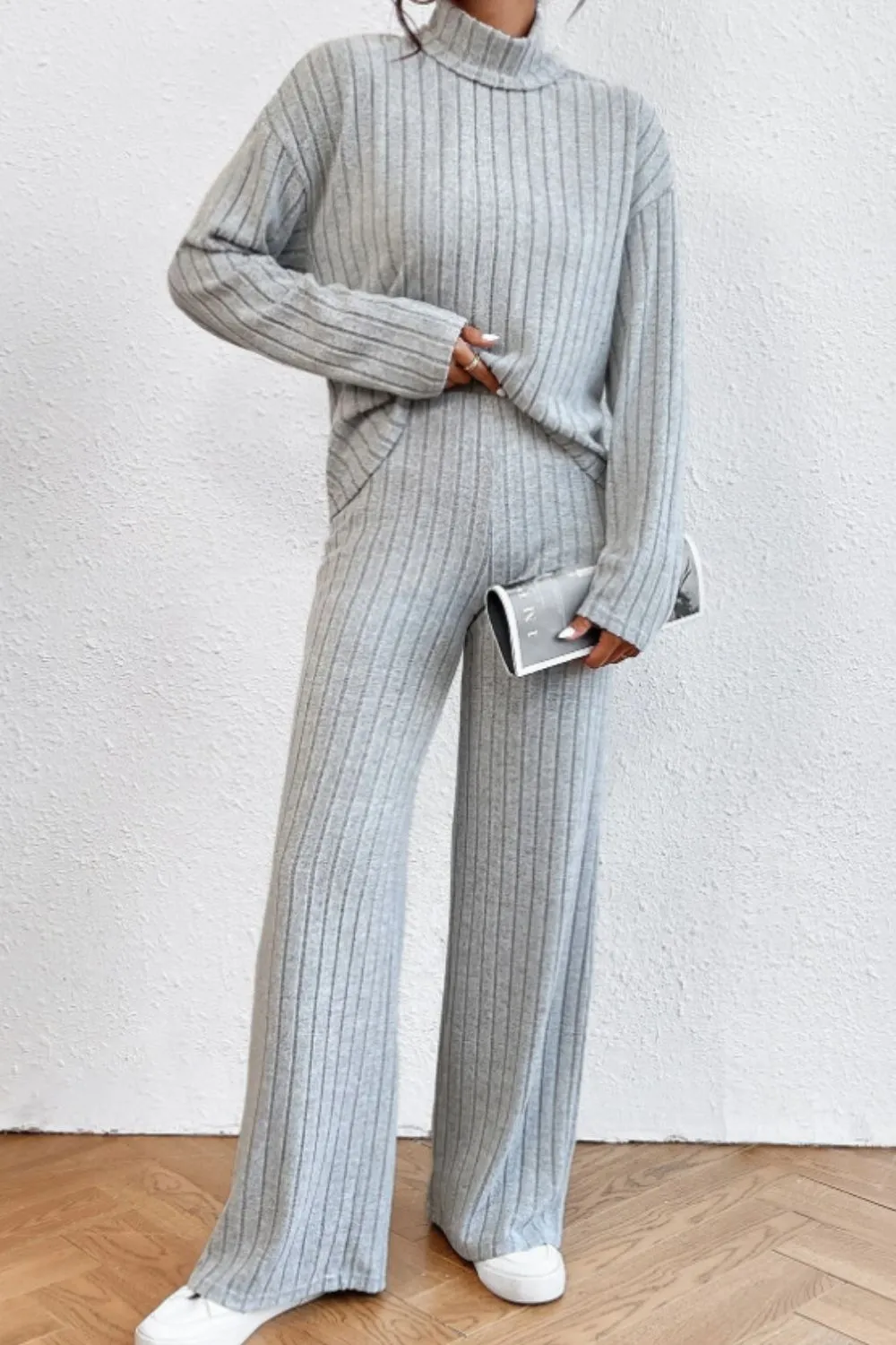 Mock Neck Dropped Shoulder Top and Pants Set, image 2