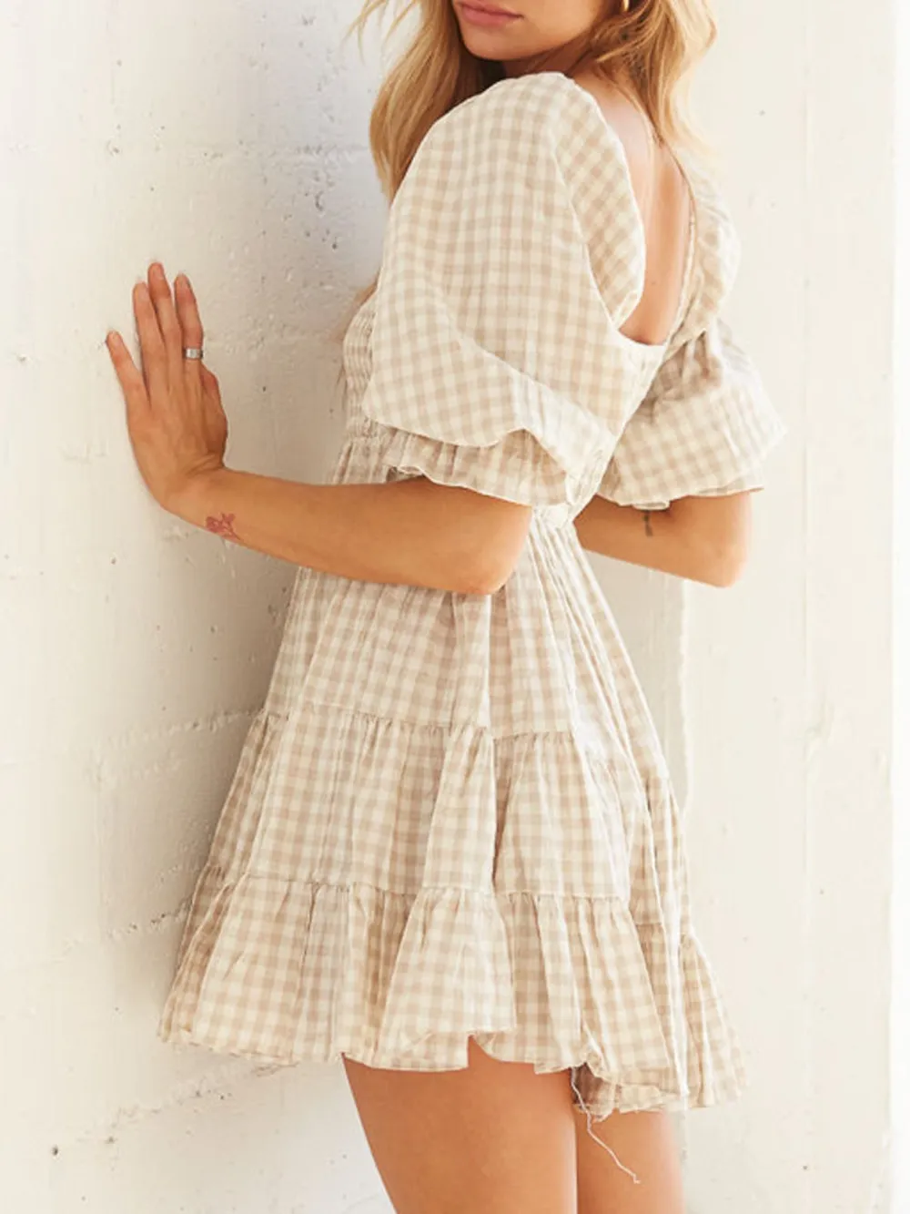 Ruffled Hem Plaid Half Sleeve Mini Dress, image 9