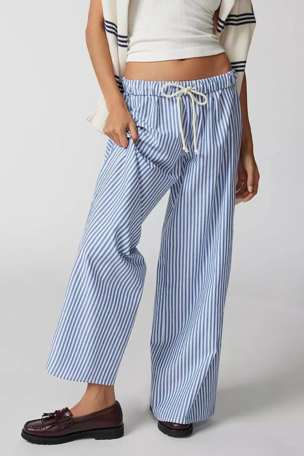 Drawstring Striped Wide Leg Pants, image 4