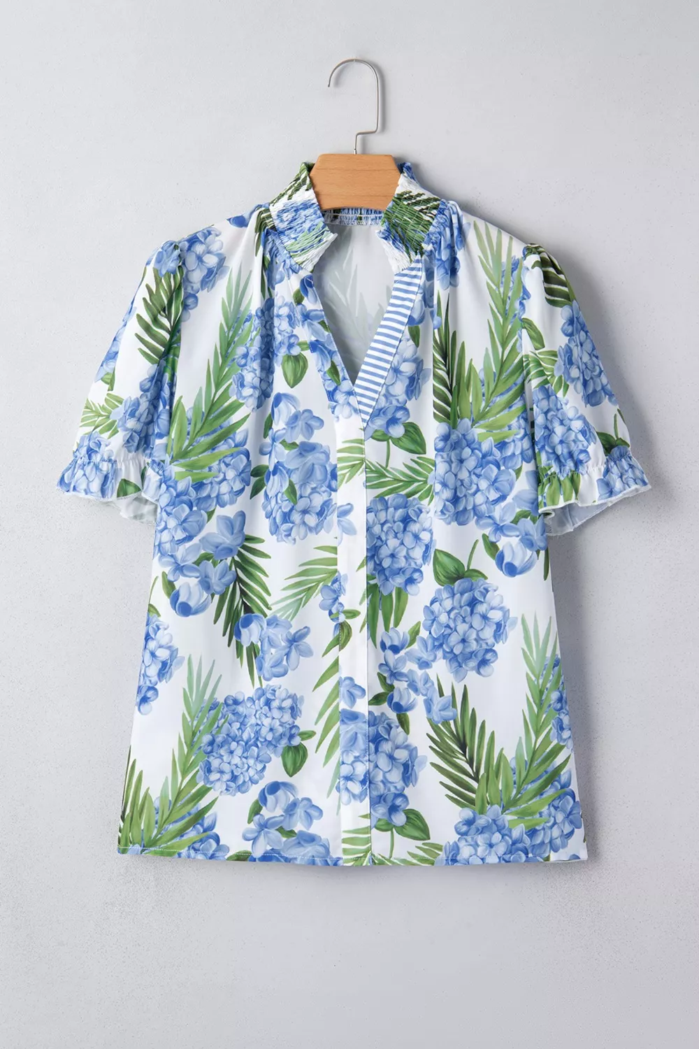 Palm Floral Print Striped Patchwork V Neck Short Sleeve Blouse, image 7