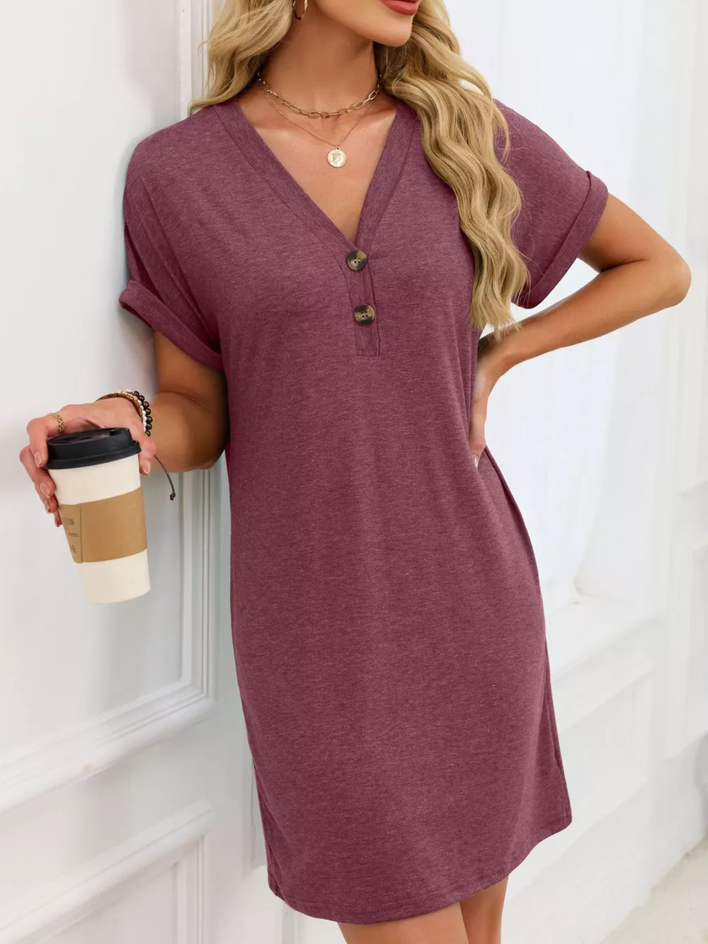 Casual V-Neck Short Sleeve T-Shirt Dress, image 3