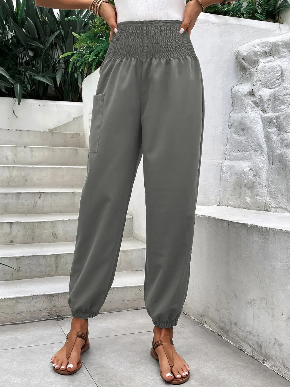 Smocked High Rise Joggers with Pockets, image 11