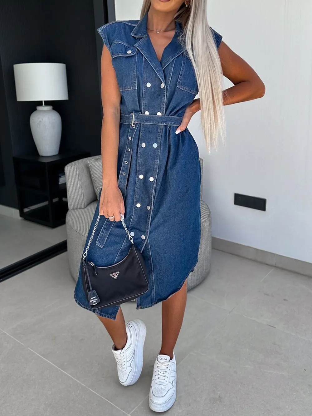 Collared Neck Cap Sleeve Denim Dress, image 2