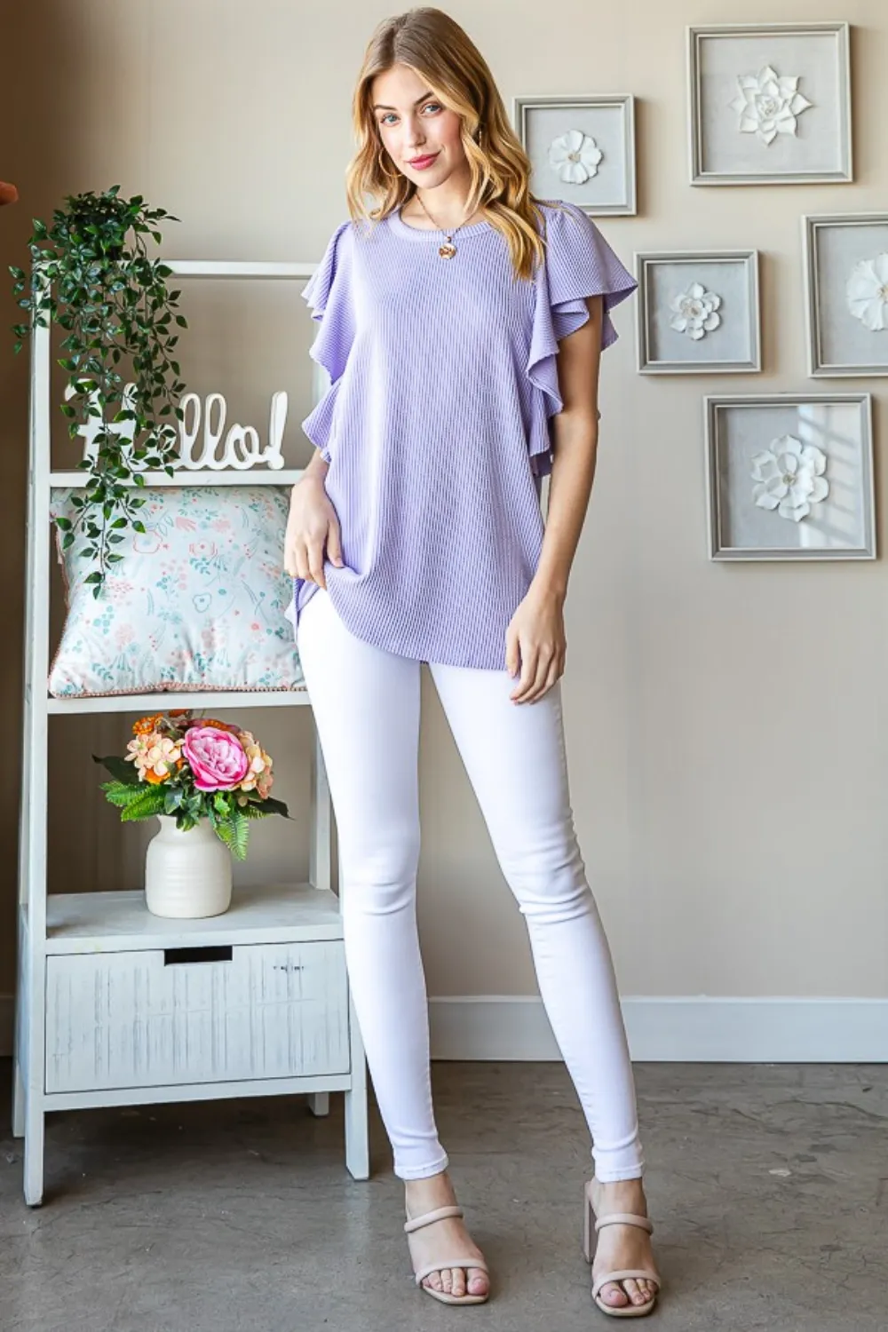 Full Size Ruffled Sleeve Ribbed Top, image 4