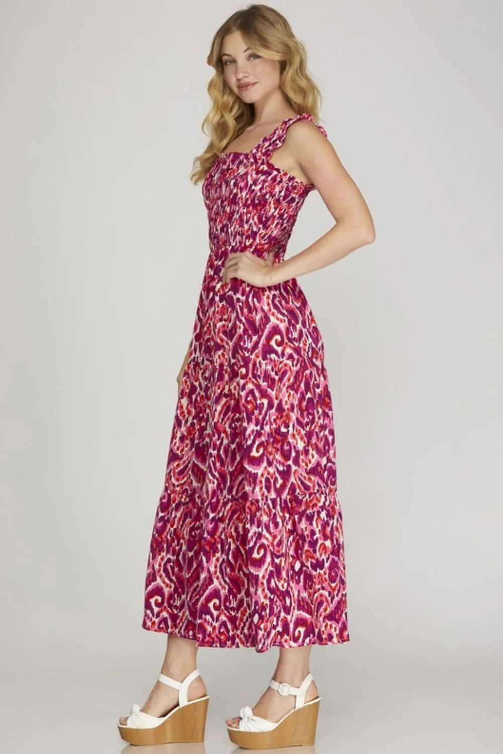 Full Size Smocked Printed Wide Strap Tiered Dress Plus Size, image 4