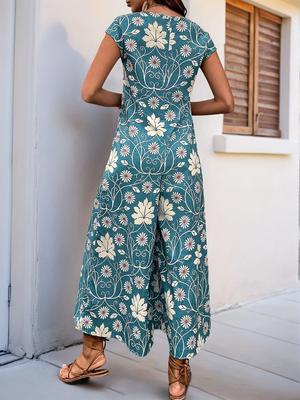 Printed Round Neck Cap Sleeve Wide Leg Jumpsuit, image 11