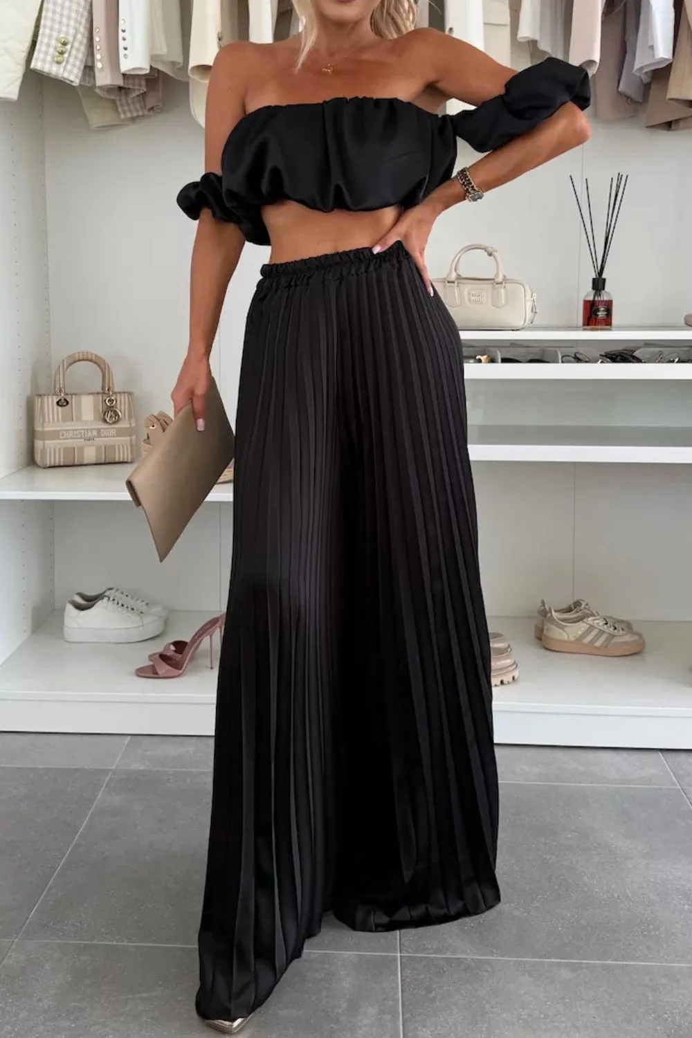 Off-Shoulder Top and Pleated Pants Set, image 10