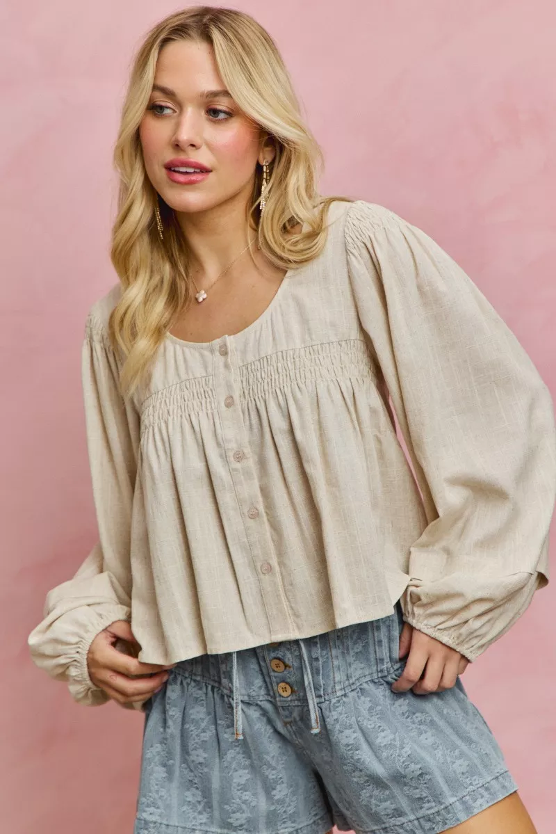 Linen Blend Woven Long Sleeve With Smocking Top