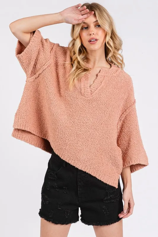 Side Slit Notched Drop Shoulder Sweater, image 3