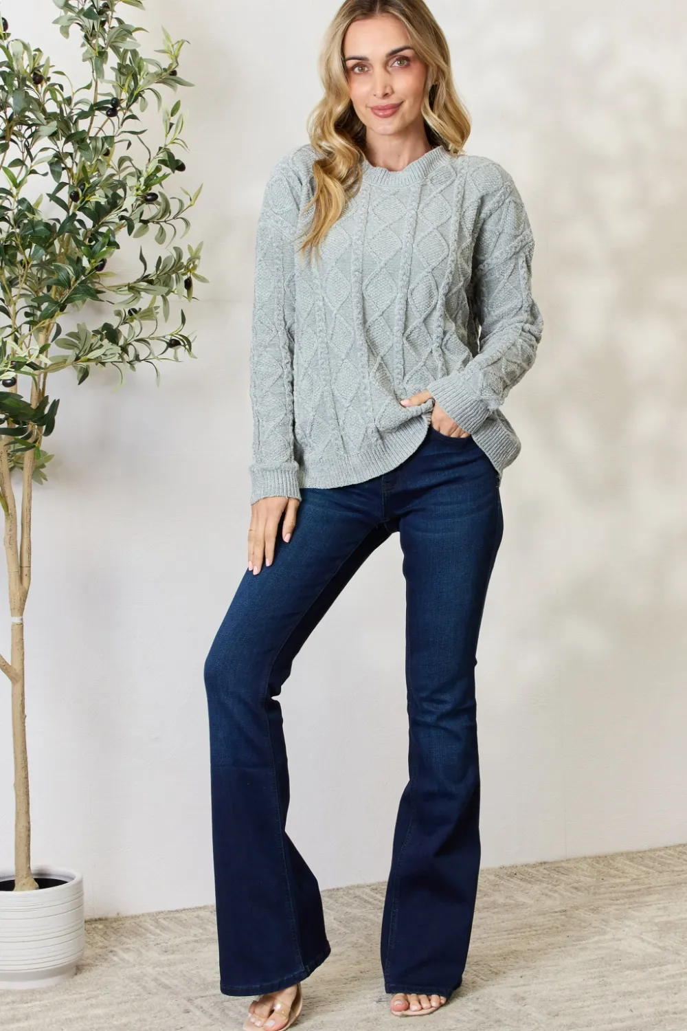 Cable Knit Round Neck Sweater, image 5