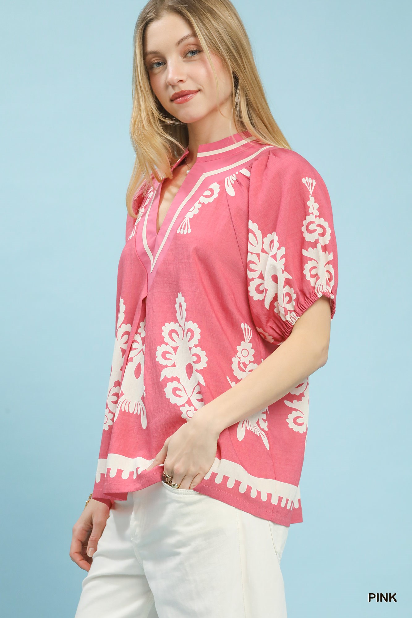 Boho Print Split-Neck Short Sleeve Top, image 2
