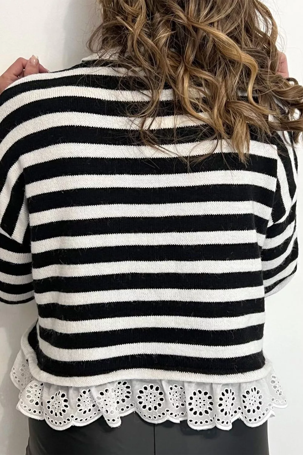 Striped High Neck Contrast Ruffle Detail Casual Sweater, image 3