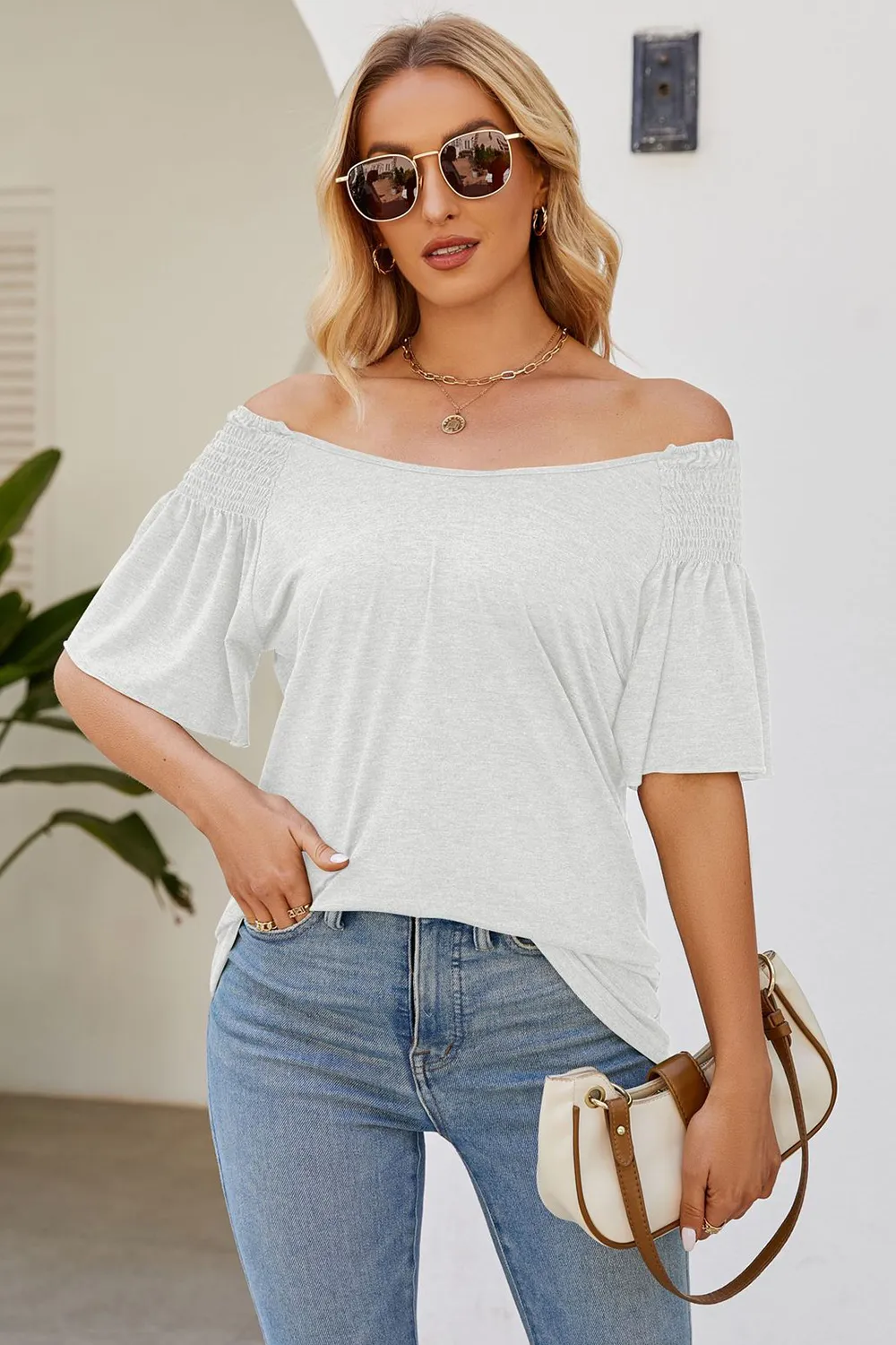 Smocked Round Neck Flutter Sleeve T-Shirt, image 2
