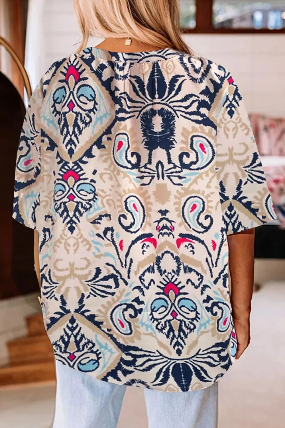 Printed Notched Half Sleeve Blouse, image 3