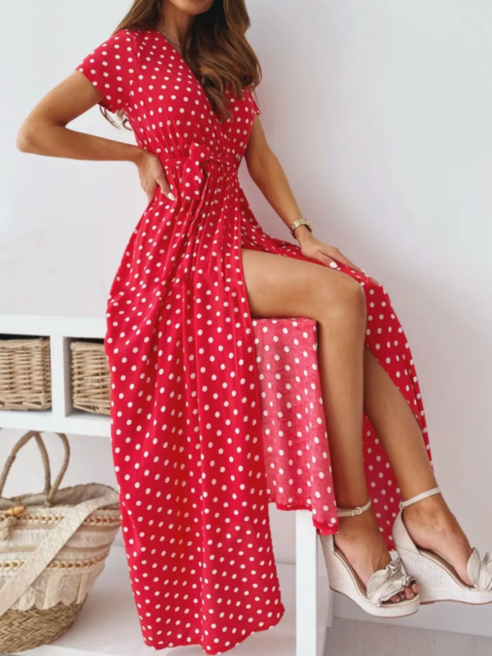 Polka Dot Surplice Maxi Dress with Slit, image 9