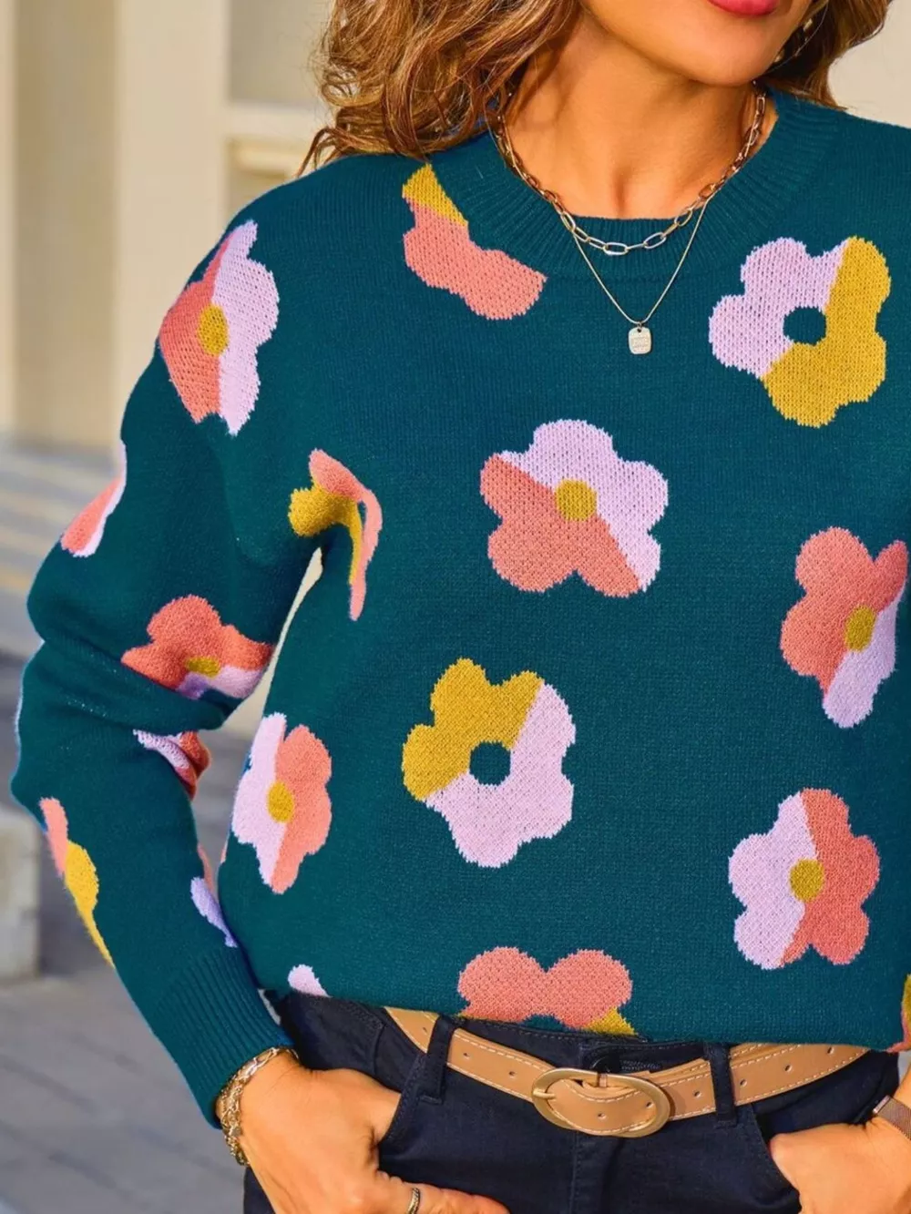 Floral Crew Neck Long Sleeve Sweater, image 10