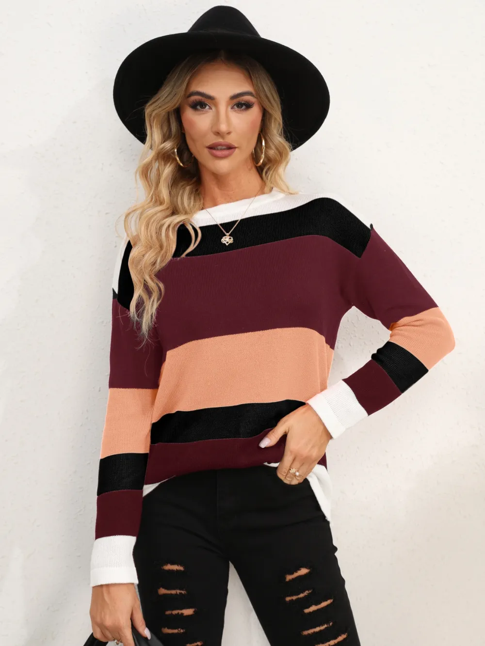 Striped Round Neck Dropped Shoulder Sweater, image 20