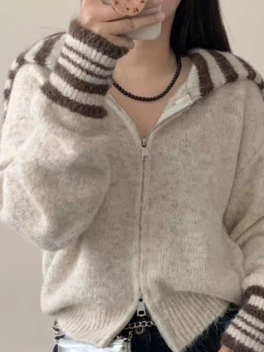 Striped Trim Zip-Up Knit Cardigan, image 4