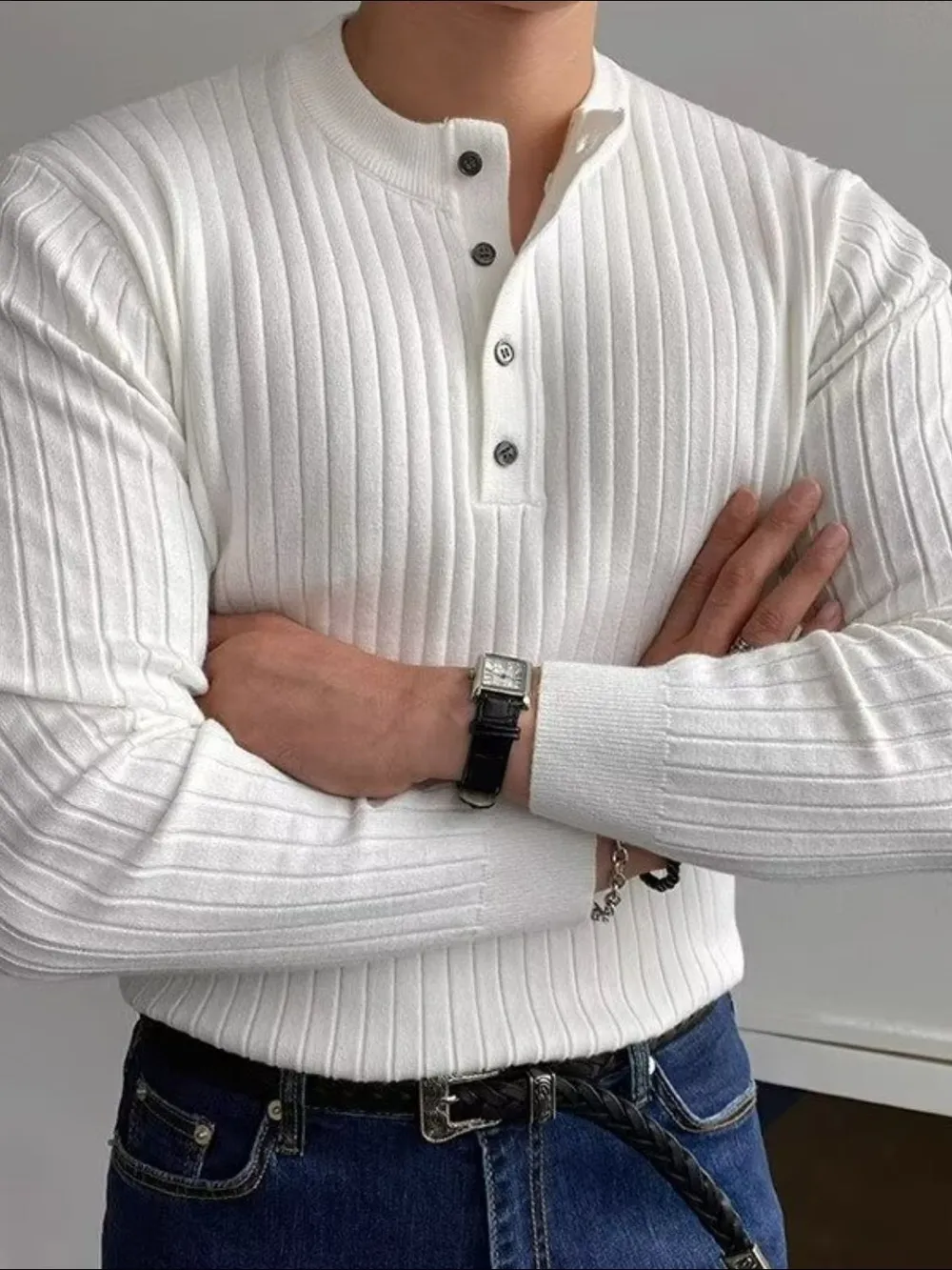 Button Detail Ribbed Long Sleeve Men's Knit Top, image 3