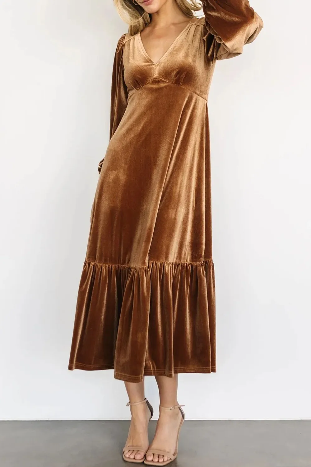 V-Neck Long Sleeve Midi Velvet Dress, image 10