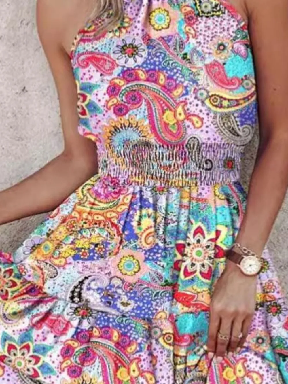Smocked Printed Halter Neck Mini Dress, image 3