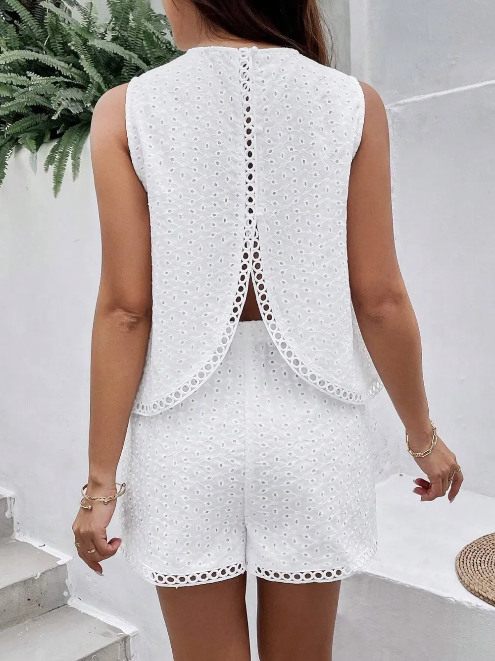 Eyelet Round Neck Top and Shorts Set, image 2