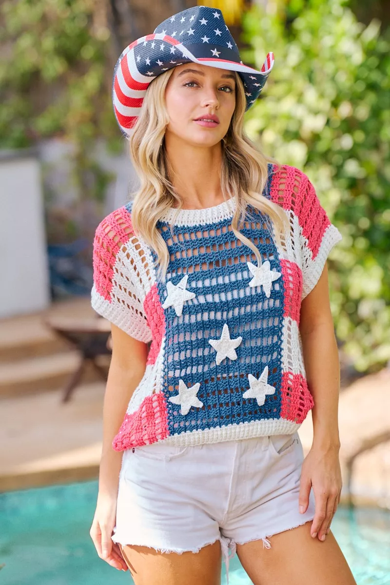 BiBi Crochet Star Patches 4th Of July Sweater Cover Up, image 4