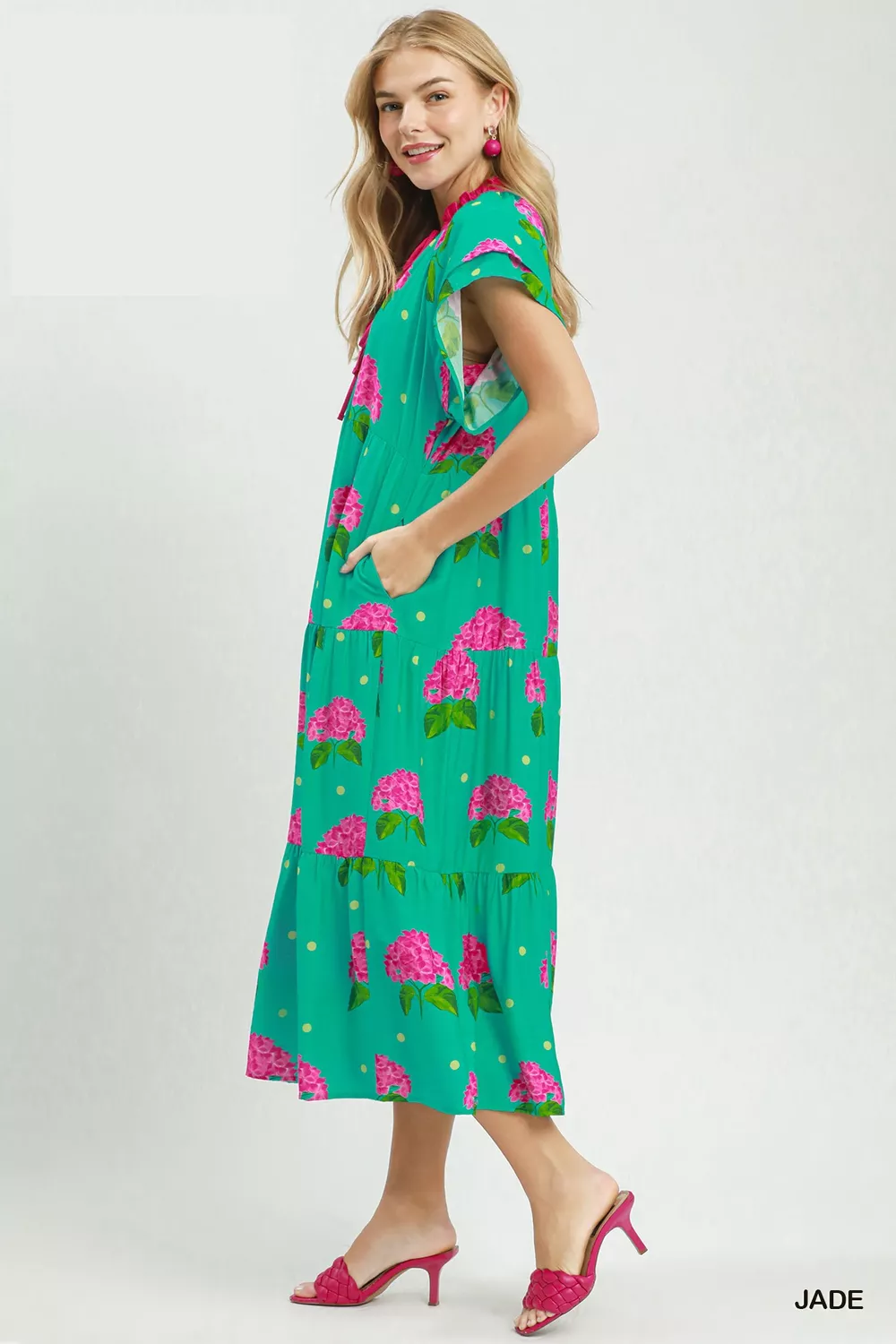 Hydrangea Print Tiered Midi Dress, image 3