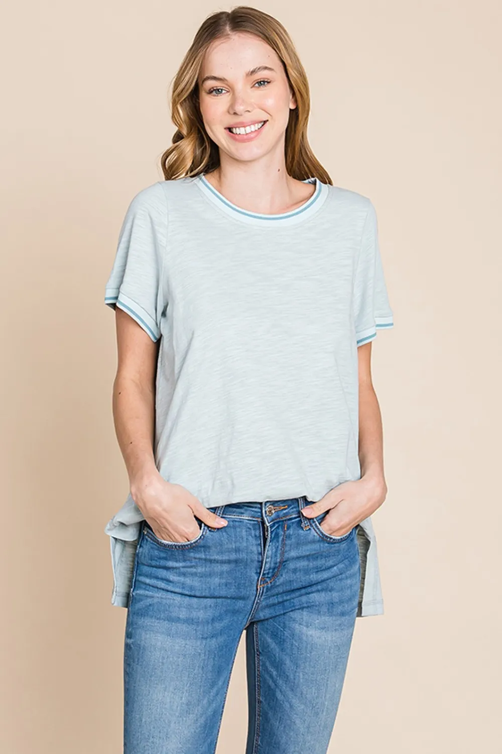 Cotton Bleu by Nu Lab Contrast Trim Short Sleeve Slit T-Shirt, image 3