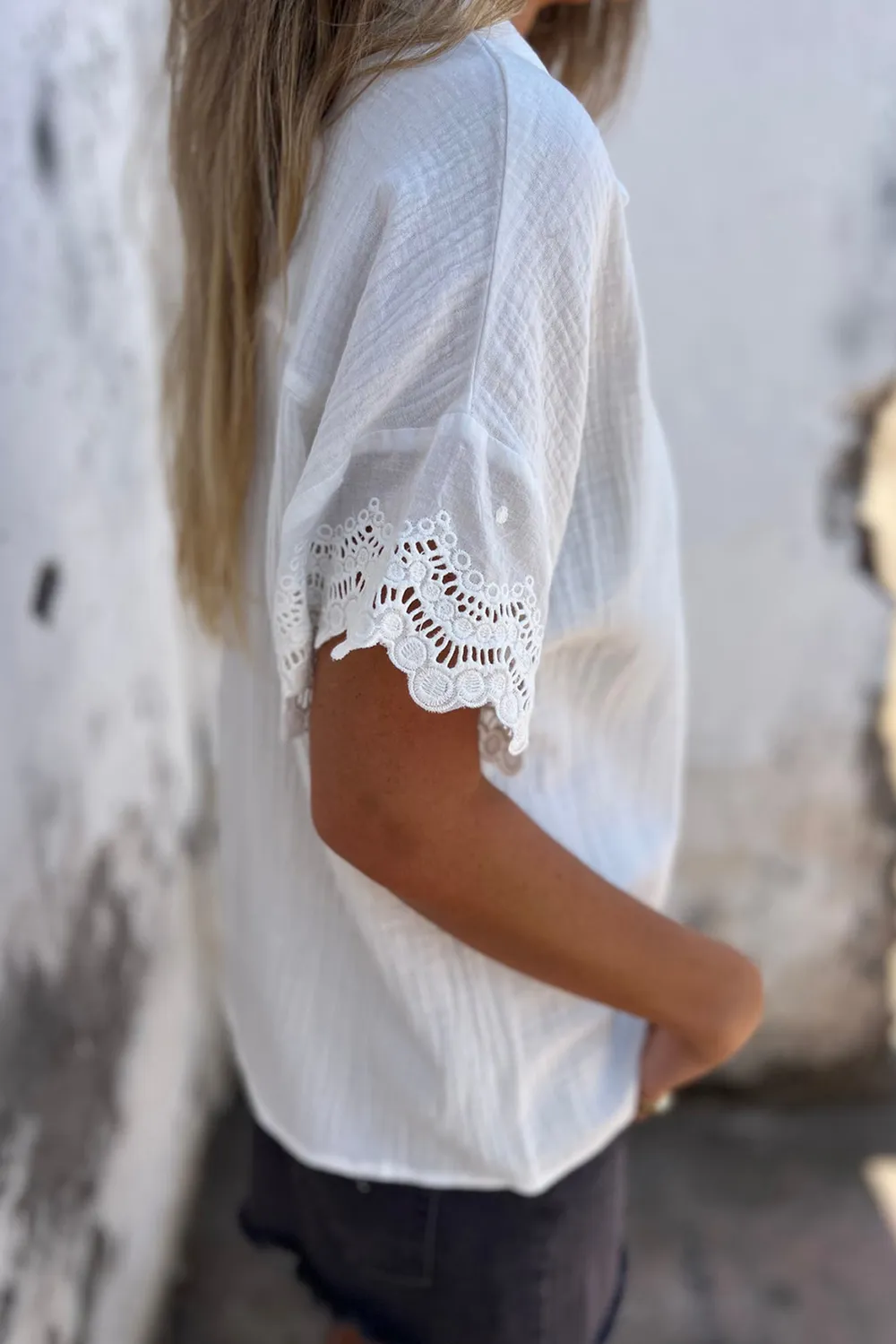 Lace Detail Collared Neck Short Sleeve Blouse, image 2