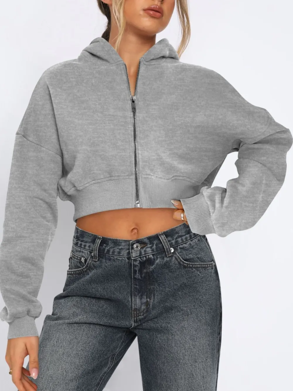Zip Up Long Sleeve Hooded Cropped Jacket, image 2