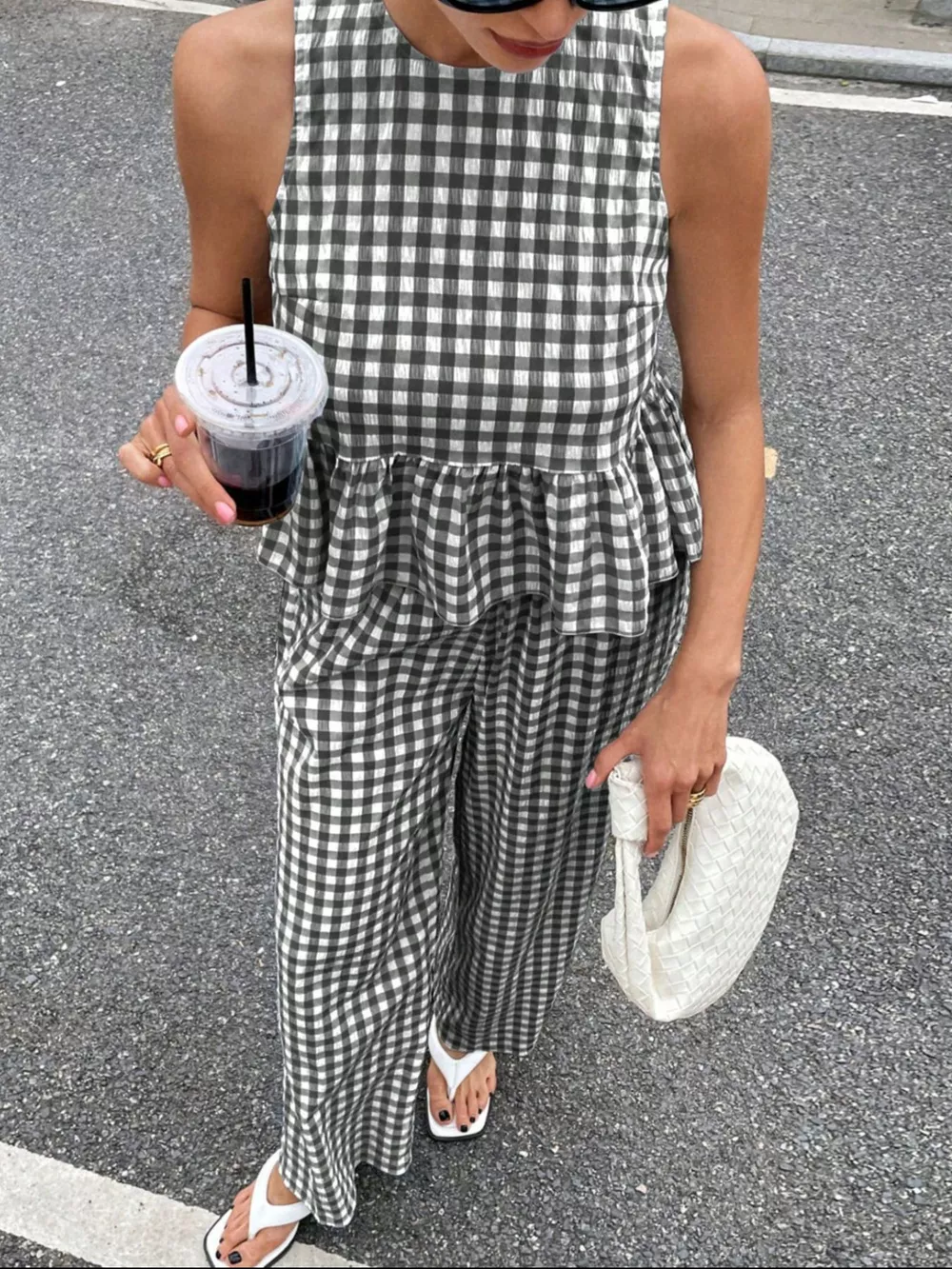Gingham Sleeveless Top and Wide-Leg Pants Set, image 8