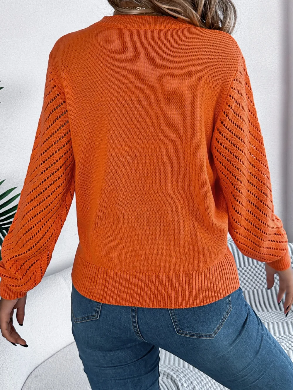 Openwork Round Neck Long Sleeve Knit Top, image 9