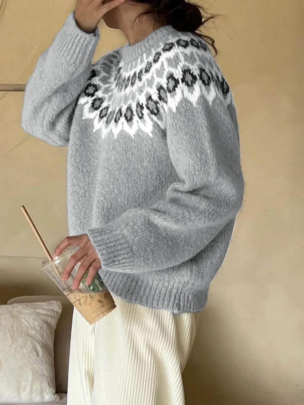 Nordic Fair Isle Pattern Round Neck Sweater, image 5
