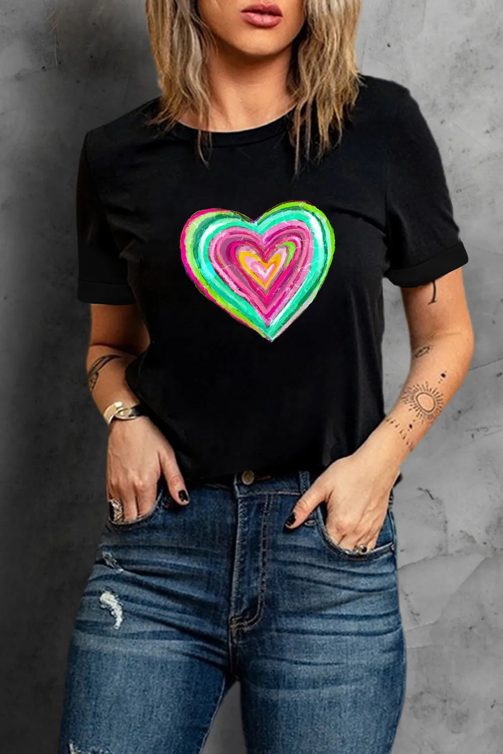 Heart Round Neck Short Sleeve T-Shirt, image 3