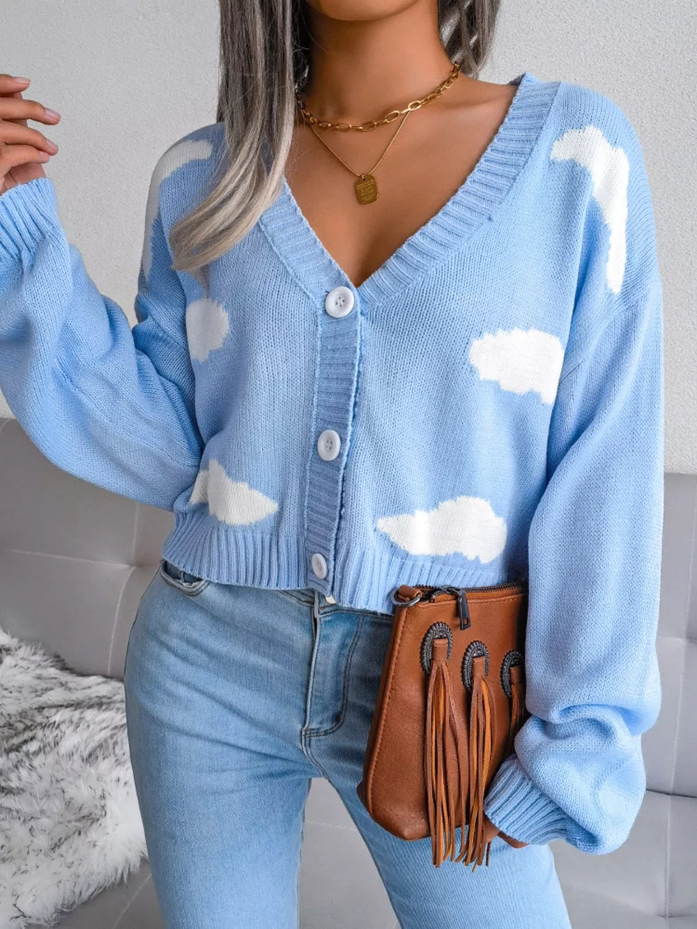 Cloud Pattern Button-Up Cropped Cardigan, image 18