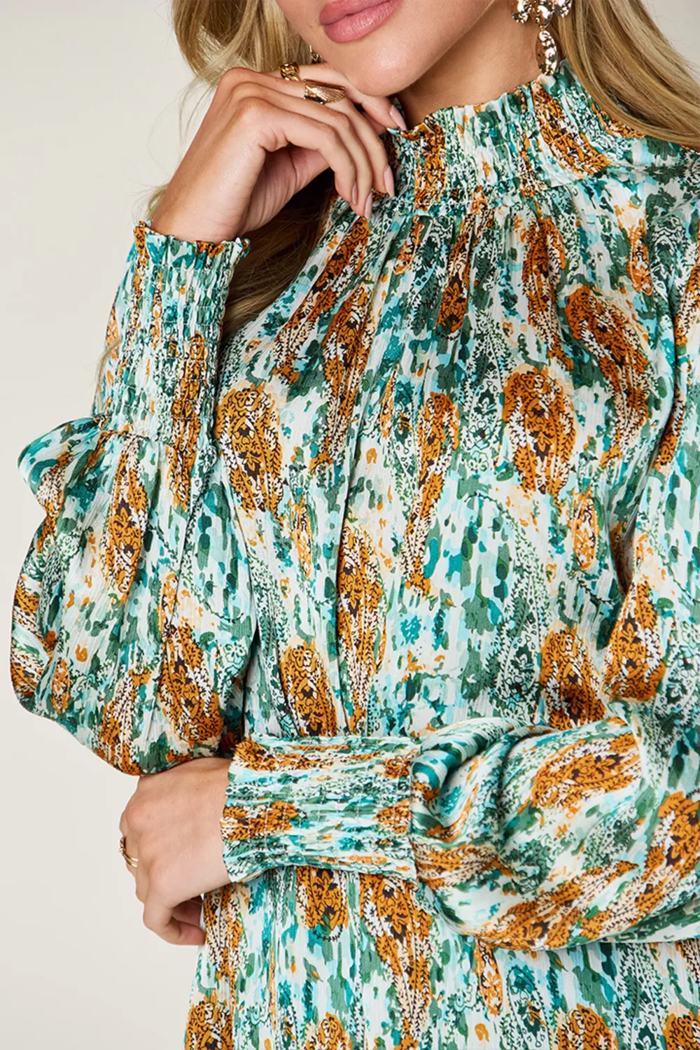 Full Size Printed Smocked Long Sleeve Blouse, image 31