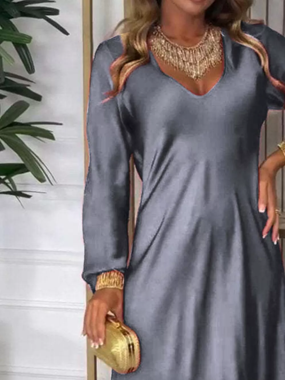 Full Size V-Neck Long Sleeve Midi Dress Plus Size, image 5