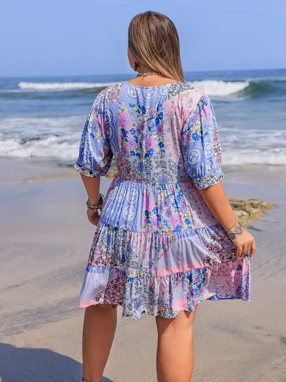 Plus Size Printed V-Neck Tiered Mini Dress, image 4